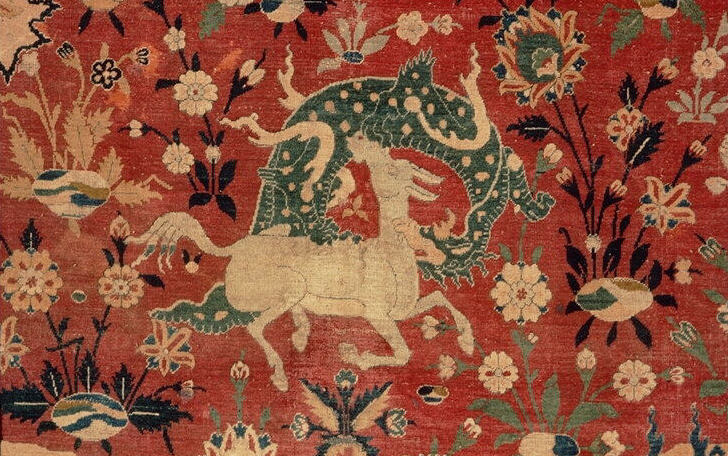 Detail of a carpet depicting a hunting scene.