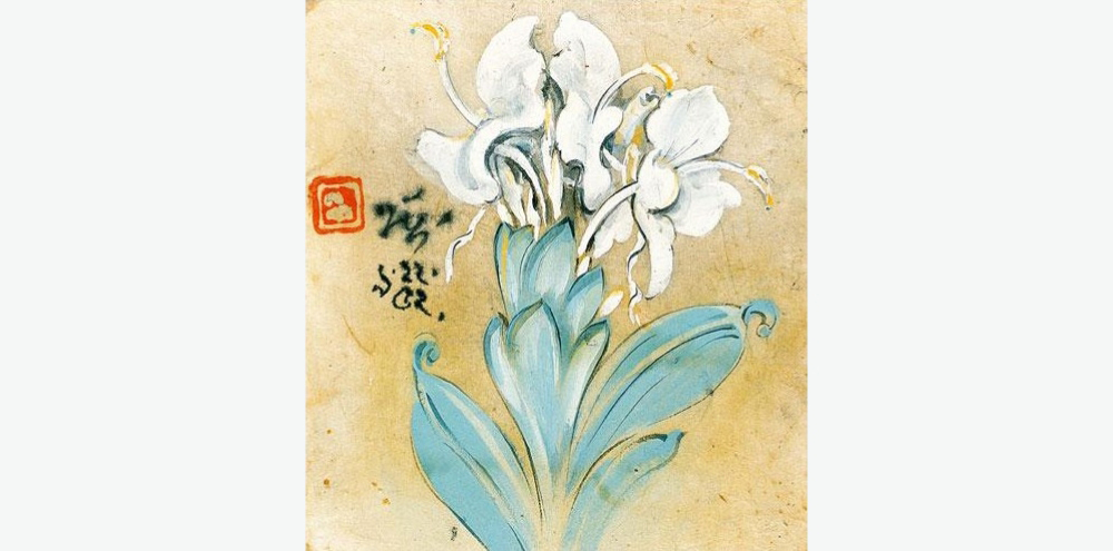 A bunch of white flowers and green leaves on a tan background with a red seal and indecipherable black ink characters on the left.