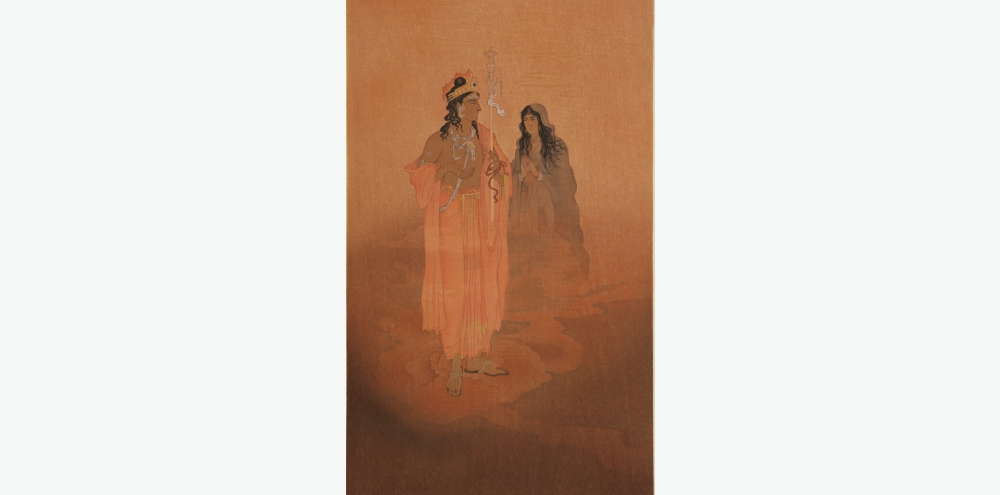 A man wearing an orange dhoti, crown and carrying a staff leads a woman in a grey garment and folded hands through a hazy orange landscape.