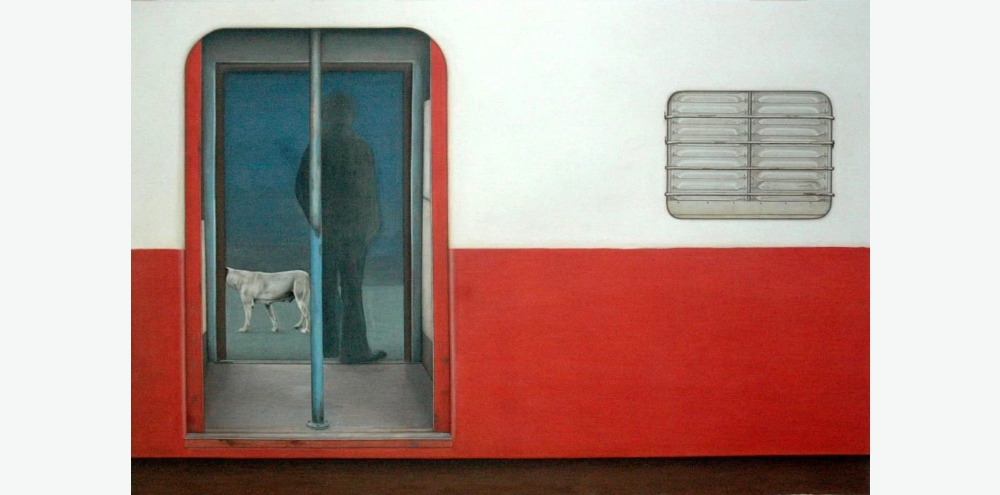A hazy black figure deboards a brightly painted red and white train; a dog, visible through the train door, walks on the platform.