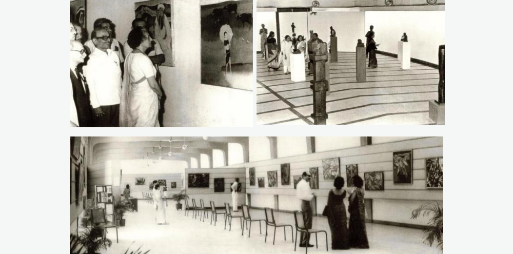 A collage where the top left image shows a woman in a white saree and a group of people beside her looking at a painting hung on the wall. The top right image is of an exhibition space with sculptures on pedestals. The bottom image shows a long hall with paintings on the walls.