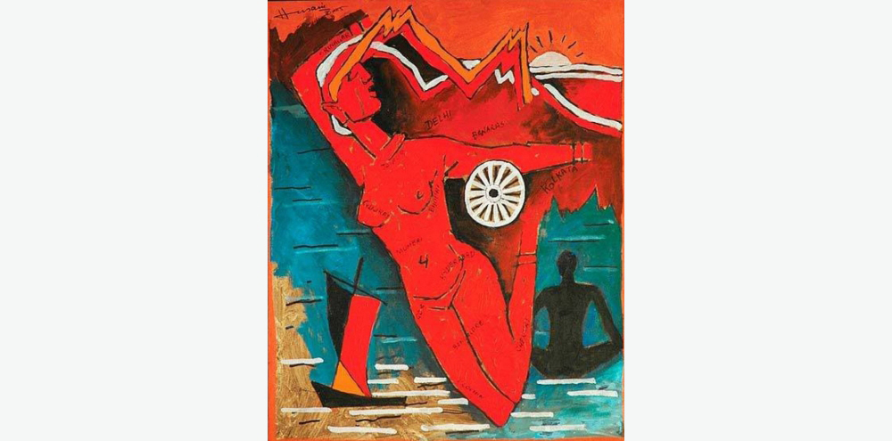A red female body in nude contorted to reflect the shape of India’s political boundaries with mountains and the rising sun at the top, the wheel of the chakra on her right arm, an ocean with a ship at the bottom and the silhouette of a man sitting on the right.