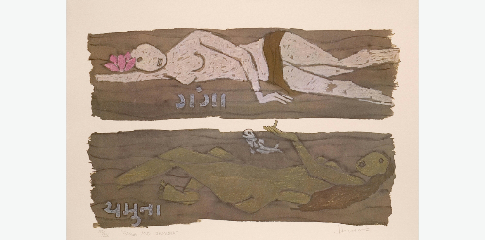 Two reclining female figures in nude, labelled as ‘Ganga’ and ‘Yamuna’ in Hindi, lie facing each other in rectangular-shaped water bodies, surrounded by a pink lotus and a fish respectively.
