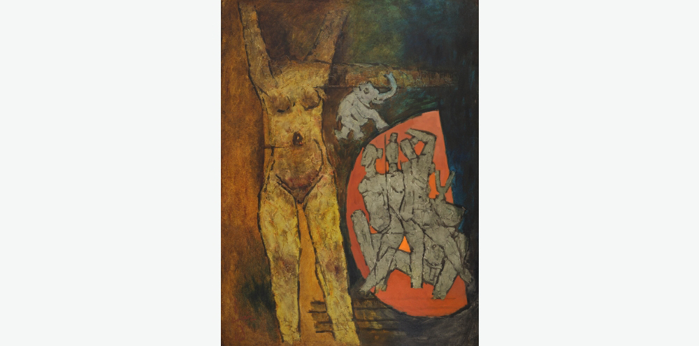 Set against a dark blue background, grey figures in the distance gaze towards a headless yellow nude body standing in the foreground, with an elephant floating between them.