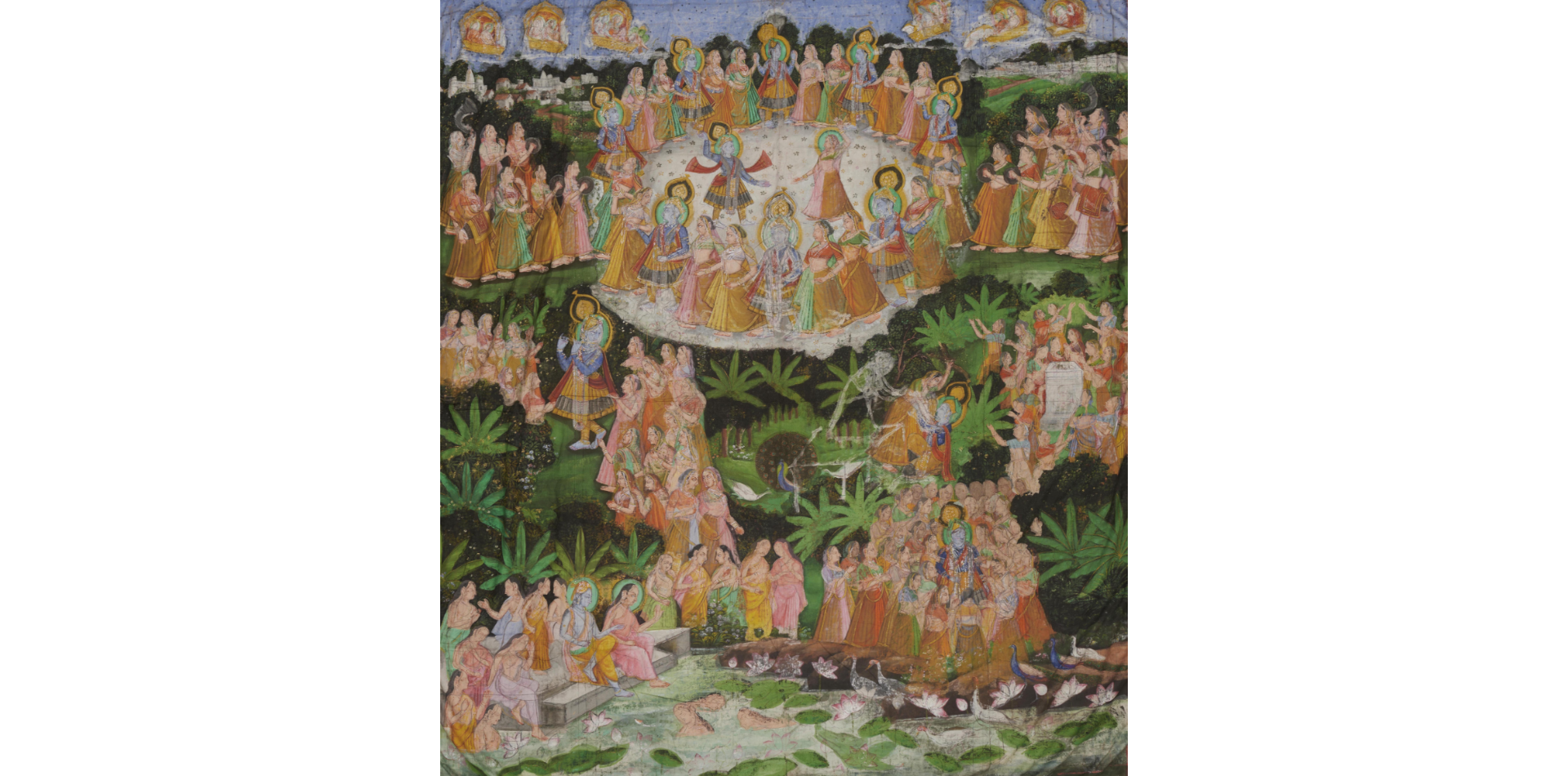 Against the backdrop of a forest, pond and chariots in the sky, groups of women engage in dance, conversation and worship with a blue male figure recurring within each group.