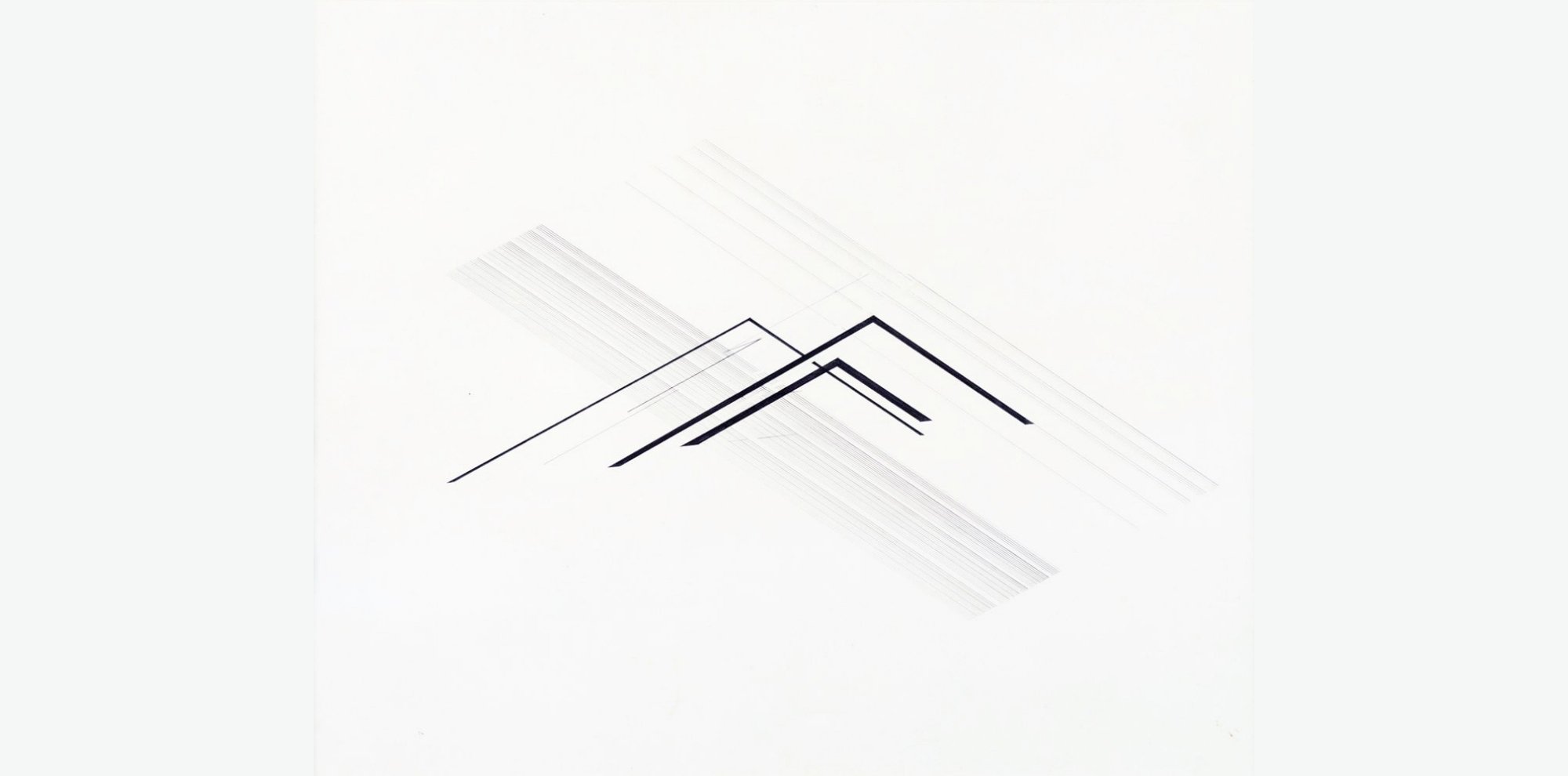 Slanting lines of varying weight/ thickness overlapped by three bold L-shapes on white paper.