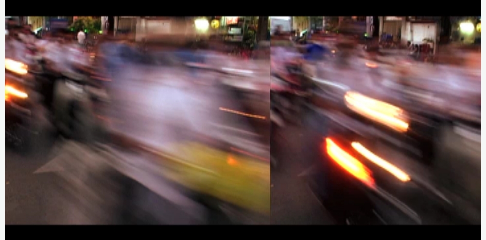 Two blurry photographs of a busy street with some recognisable silhouettes of scooters and humans.