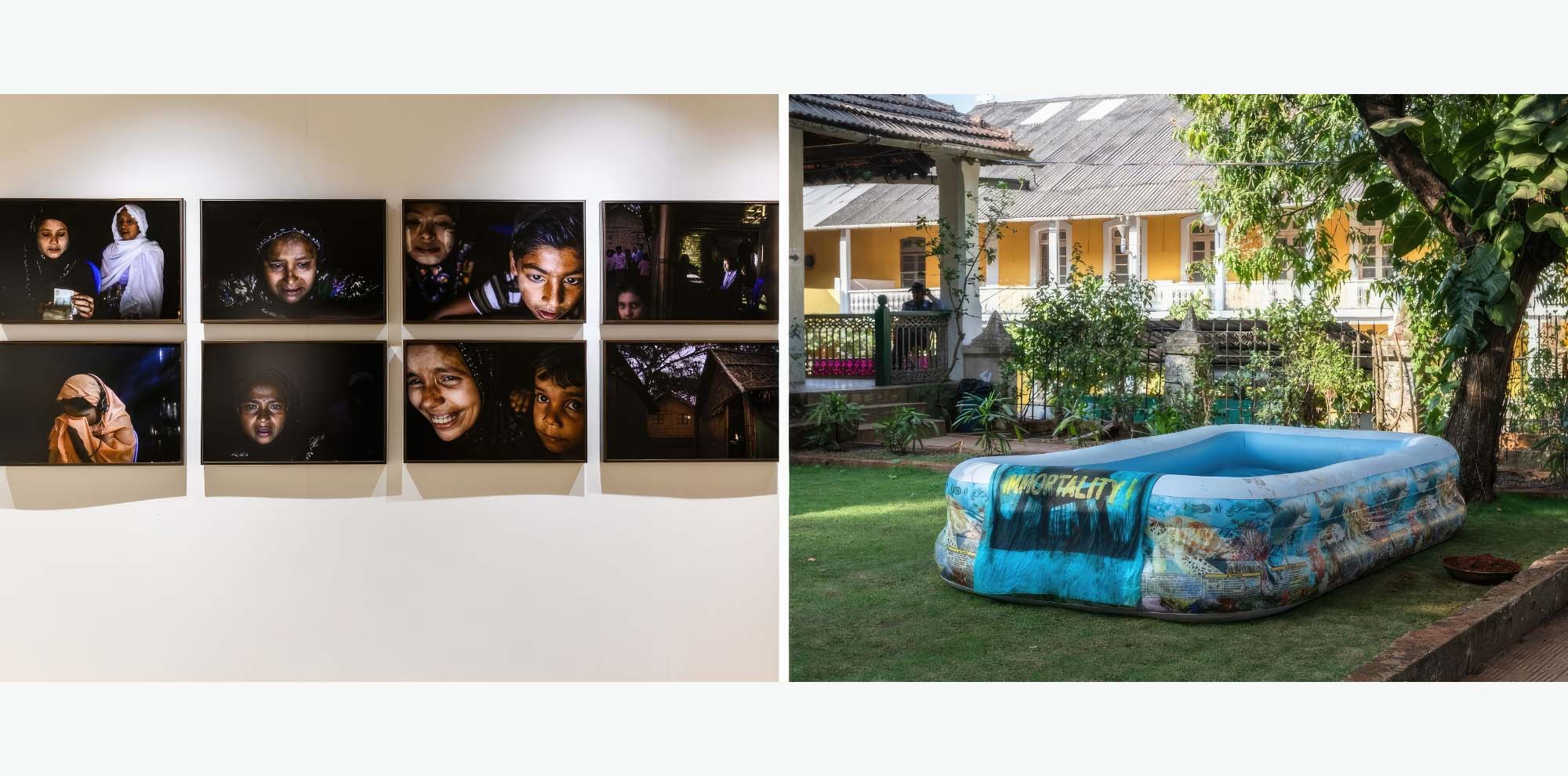 A collage where the left photograph shows a collection of images hung on a white wall. The right photograph shows an inflatable pool in a garden with a yellow building in the background.