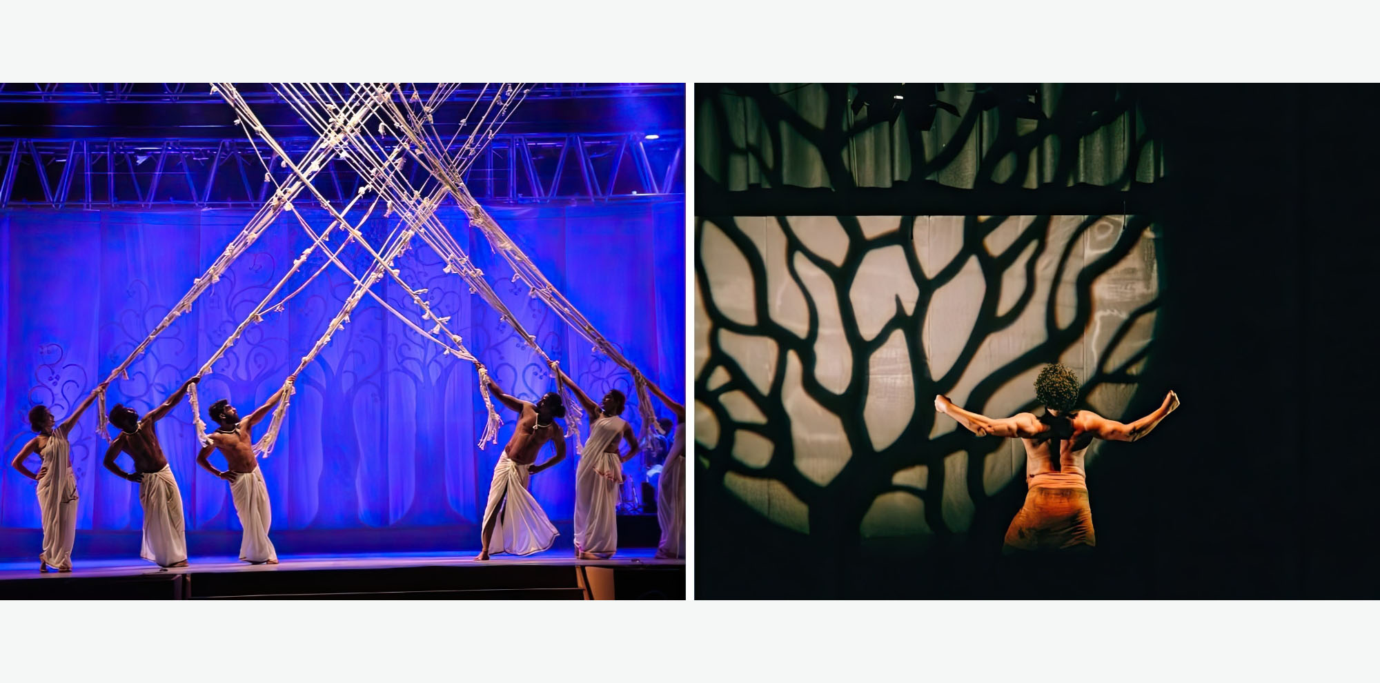 In this collage, the left photograph shows a group of men pulling threads from the ceiling of a blue-lit stage. The right photograph shows a man standing with outstretched arms in front of a silhouette projection of a tree.
