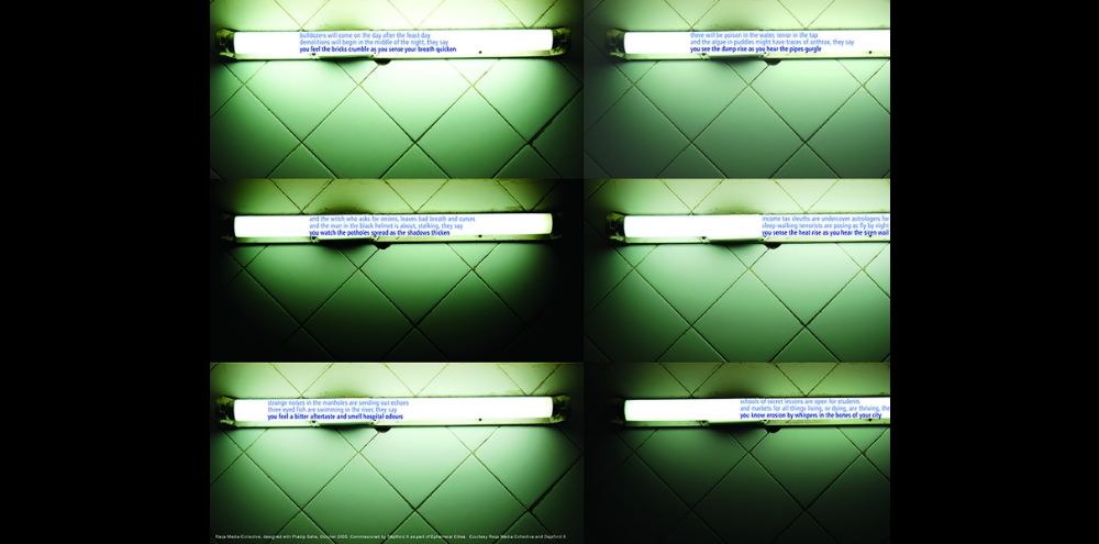 Tubelights with their glass stem containing paragraphs of printed words on a green tiled background arranged in a grid-like manner.