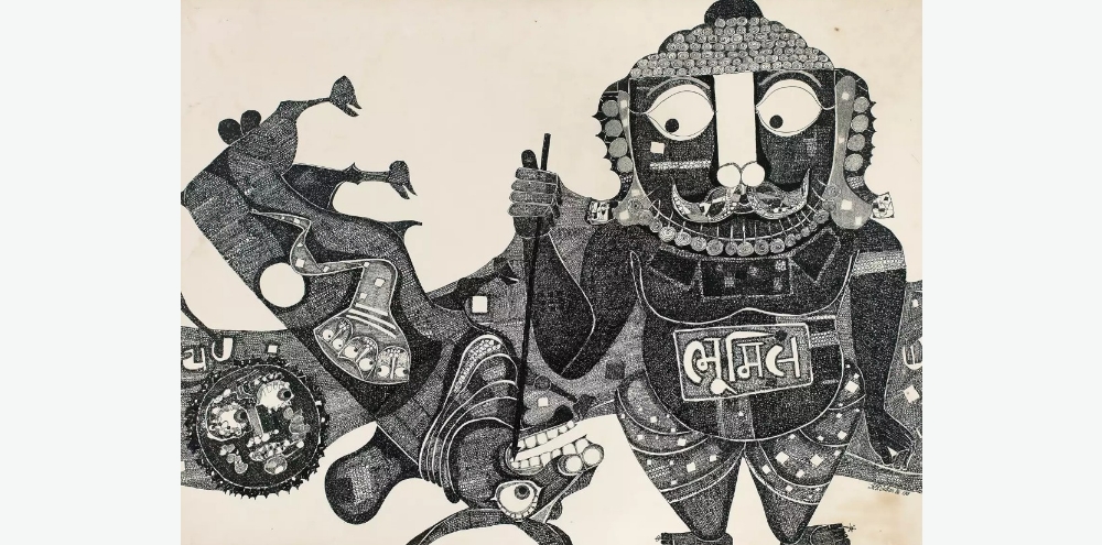 On the right, a standing deity with large eyes, a moustache, and the Hindi text ' Bhumil ' on his belly fires an arrow into an upside-down bull on the left.