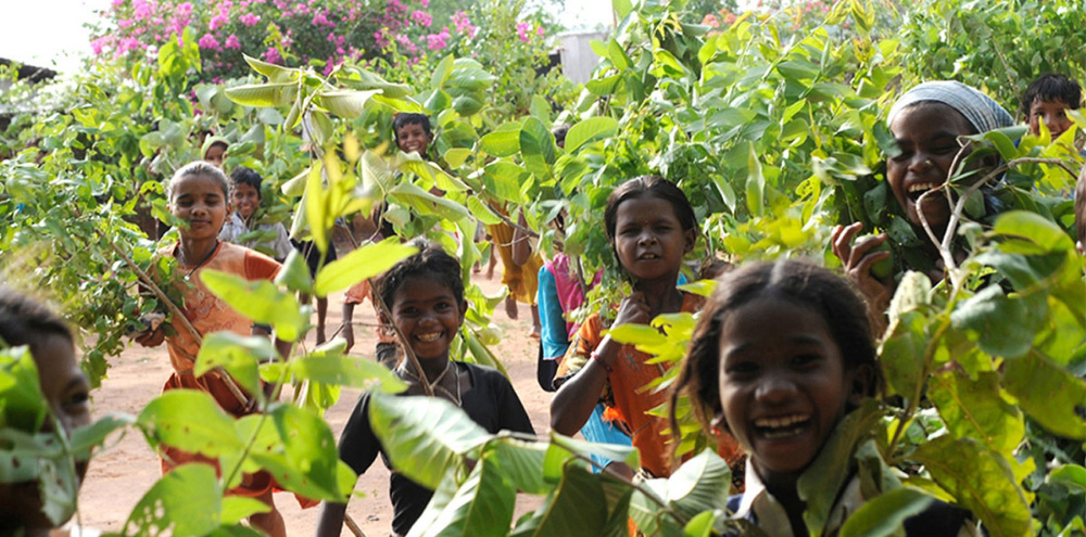 A group of children carrying tree saplings are smiling wide at the camera.