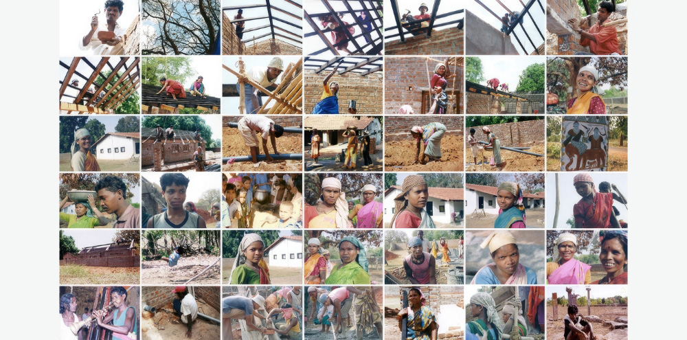 A photographic collage of Bastar community members engaging in various construction activities.