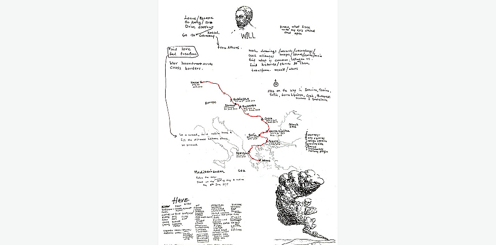A diagram of the artist’s trip from Athens to Kassel with annotations and drawings.