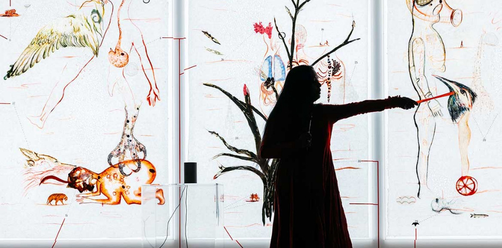 A silhouette of a woman with an outstretched hand stands in front of three painted panels featuring anatomical and realistic drawings of human bodies and animals.