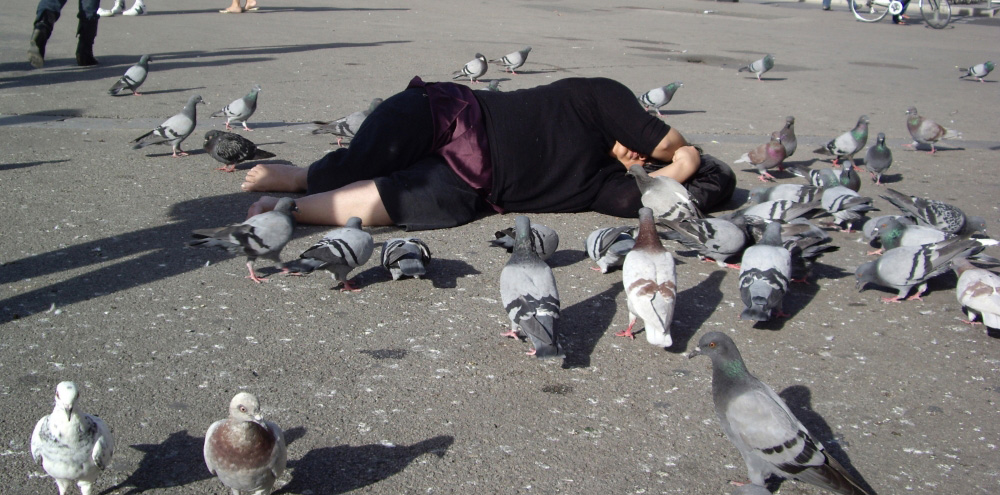 A woman lies down on the road surrounded by a flock of pigeons.