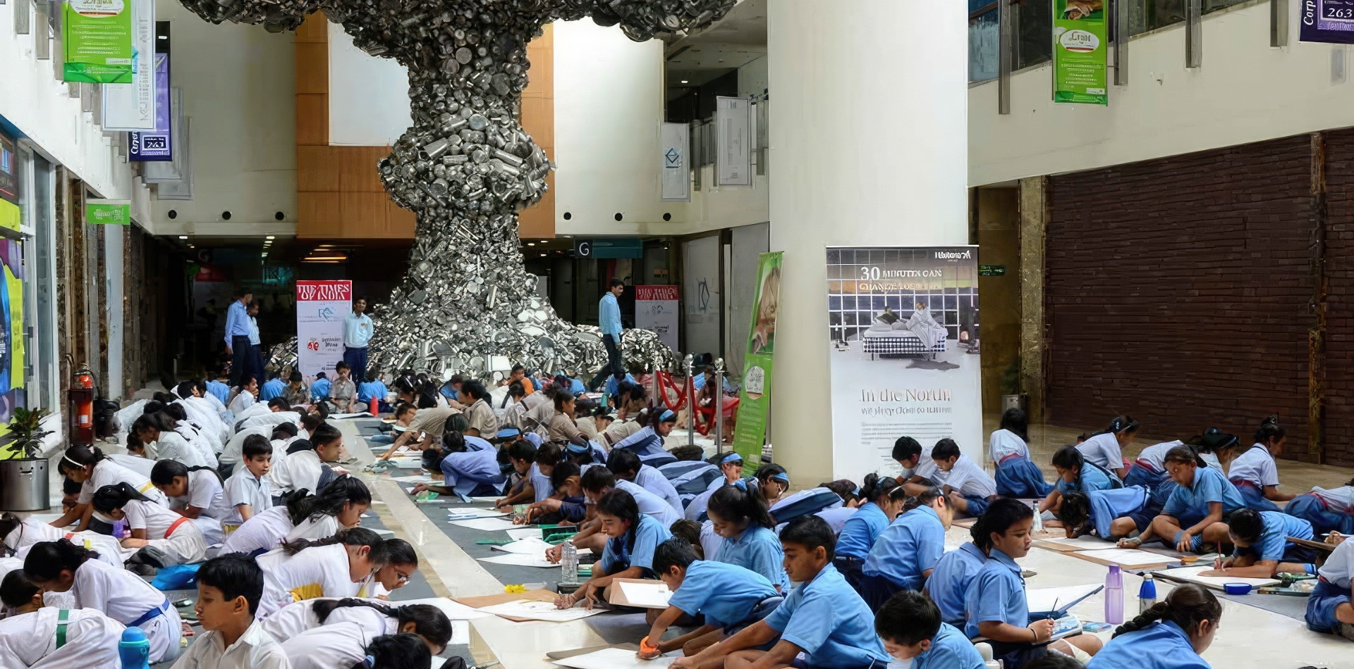 A group of students in school uniforms sit on the floor engaged in activities while being surrounded by a large-scale metal sculpture.